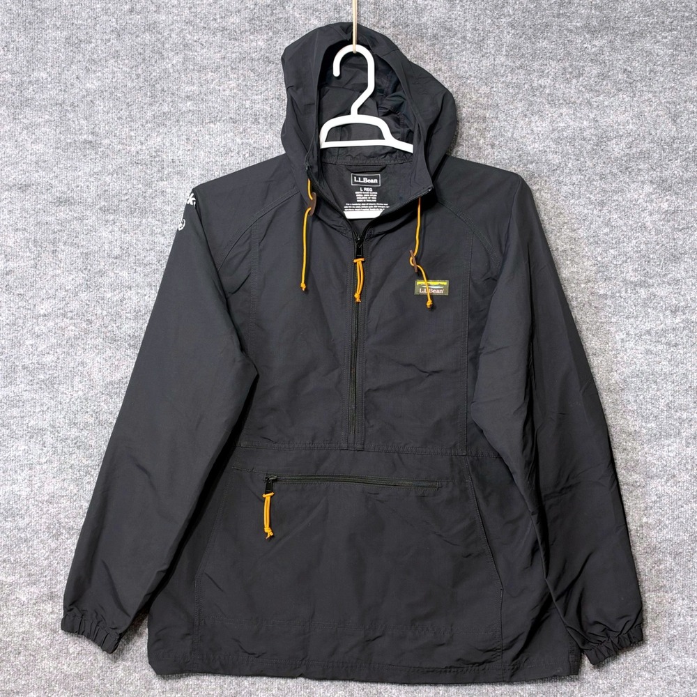 LL Bean Mens Anorak Windbreaker Jacket Black Large 512905 Gecko Graphic Pullover